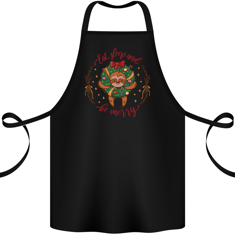 Sloth Eat Sleep & Be Merry Funny Christmas Cotton Apron 100% Organic Black