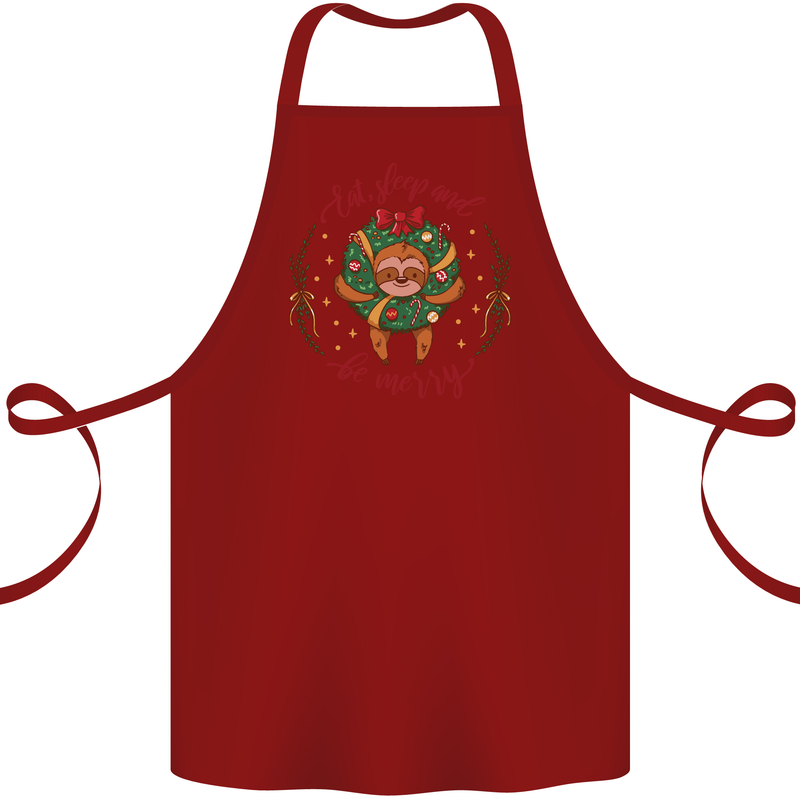 Sloth Eat Sleep & Be Merry Funny Christmas Cotton Apron 100% Organic Maroon