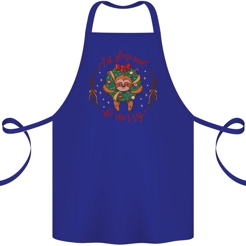 Sloth Eat Sleep & Be Merry Funny Christmas Cotton Apron 100% Organic Royal Blue