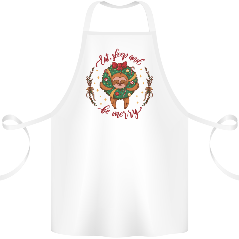 Sloth Eat Sleep & Be Merry Funny Christmas Cotton Apron 100% Organic White