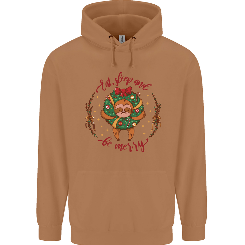 Sloth Eat Sleep & Be Merry Funny Christmas Mens 80% Cotton Hoodie Caramel Latte