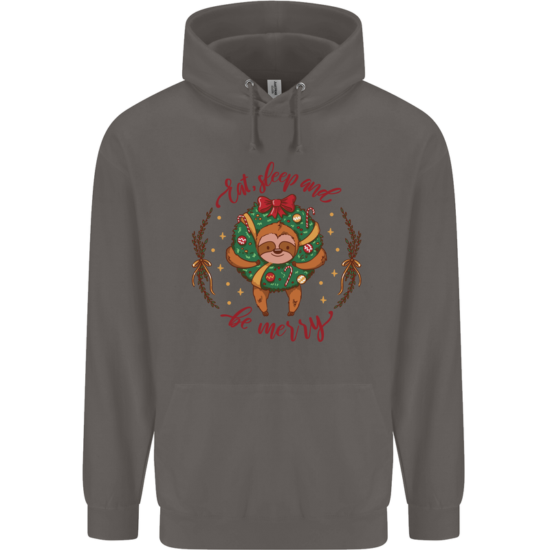 Sloth Eat Sleep & Be Merry Funny Christmas Mens 80% Cotton Hoodie Charcoal