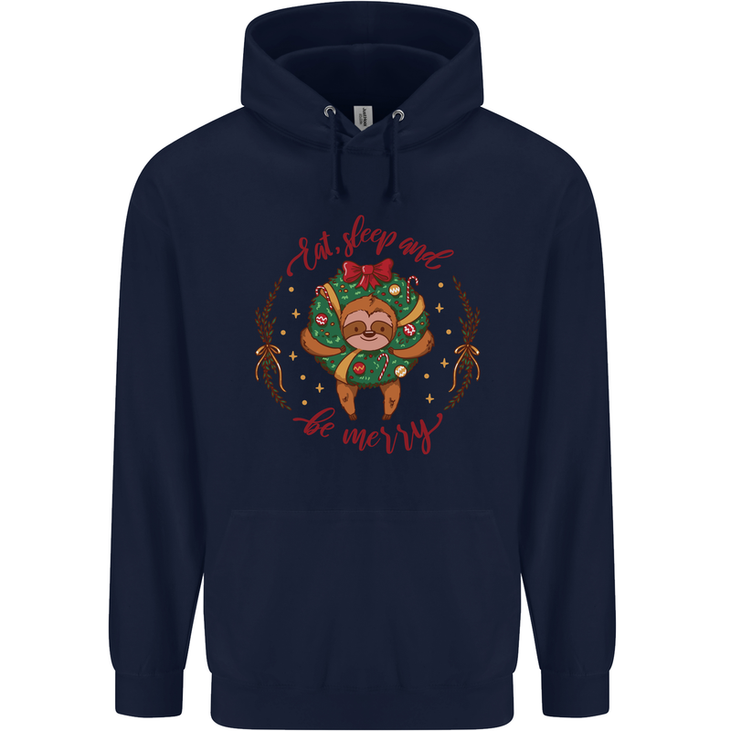 Sloth Eat Sleep & Be Merry Funny Christmas Mens 80% Cotton Hoodie Navy Blue