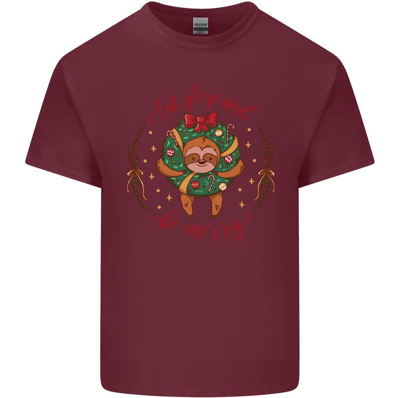 Sloth Eat Sleep & Be Merry Funny Christmas Mens Cotton T-Shirt Tee Top Maroon
