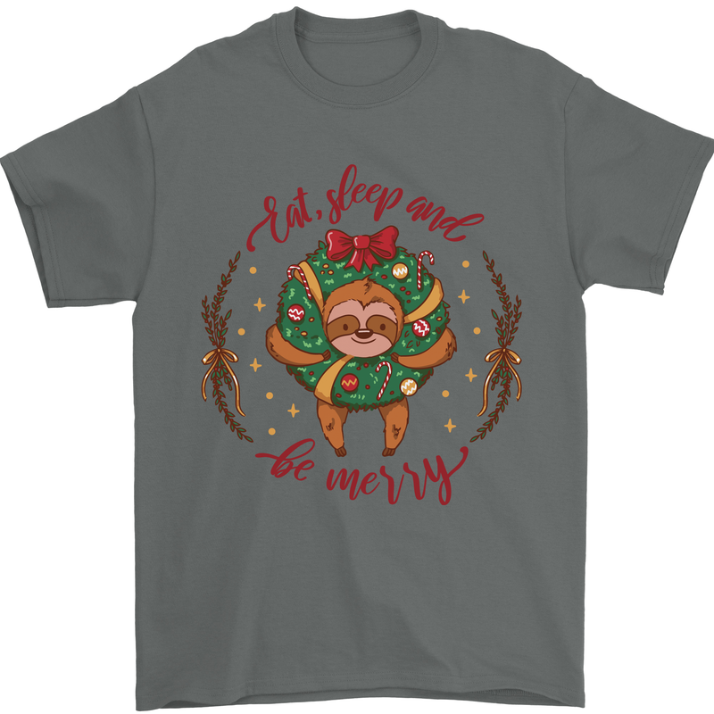 Sloth Eat Sleep & Be Merry Funny Christmas Mens T-Shirt Cotton Gildan Charcoal