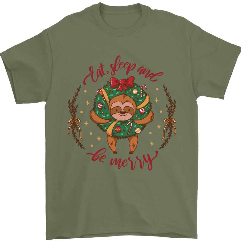 Sloth Eat Sleep & Be Merry Funny Christmas Mens T-Shirt Cotton Gildan Military Green