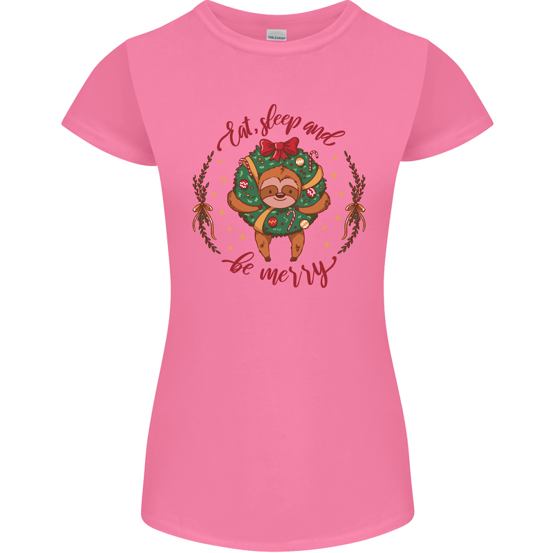 Sloth Eat Sleep & Be Merry Funny Christmas Womens Petite Cut T-Shirt Azalea