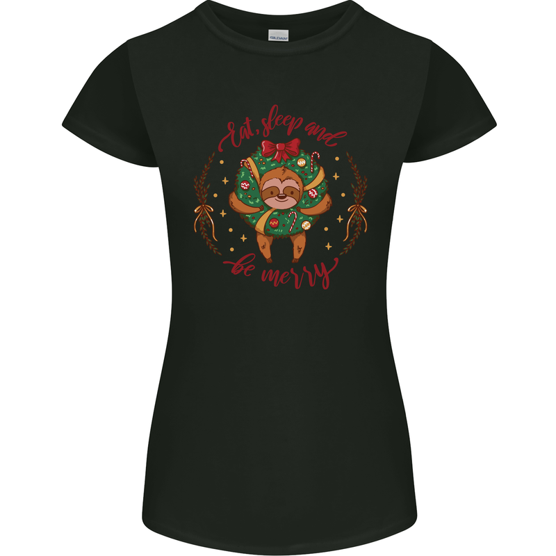 Sloth Eat Sleep & Be Merry Funny Christmas Womens Petite Cut T-Shirt Black