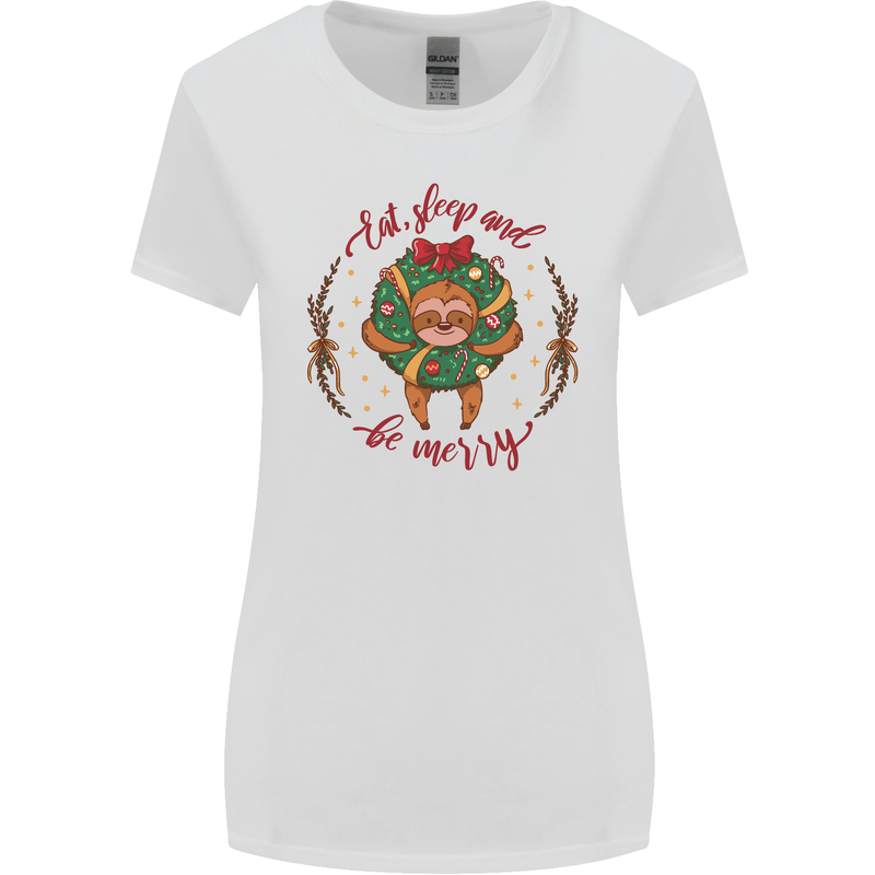 Sloth Eat Sleep & Be Merry Funny Christmas Womens Wider Cut T-Shirt White