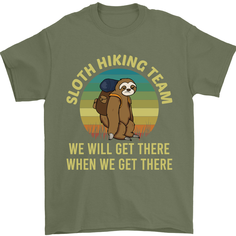 Sloth Hiking Team Funny Trekking Walking Mens T-Shirt Cotton Gildan Military Green