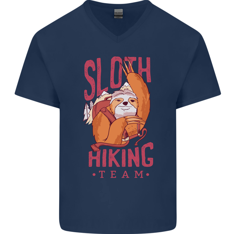 Sloth Hiking Team Trekking Rambling Funny Mens V-Neck Cotton T-Shirt Navy Blue