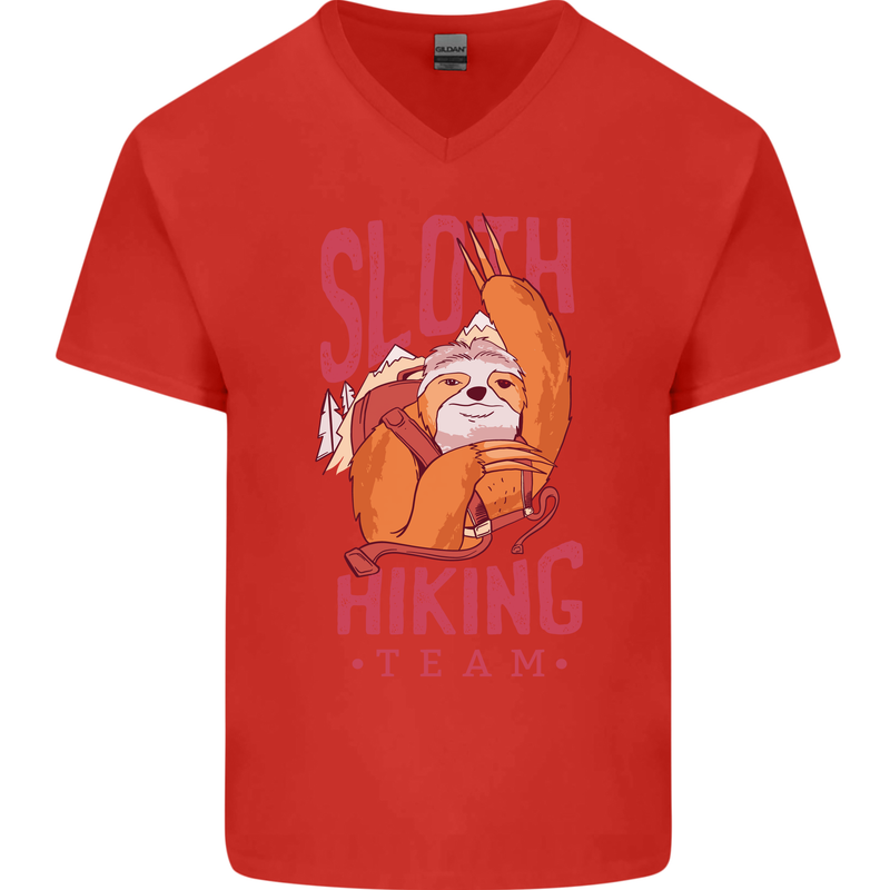 Sloth Hiking Team Trekking Rambling Funny Mens V-Neck Cotton T-Shirt Red