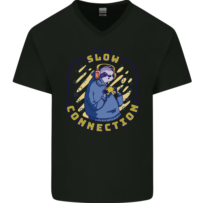 Sloth I'm Not Slow Funny Gaming Gamer Mens V-Neck Cotton T-Shirt Black