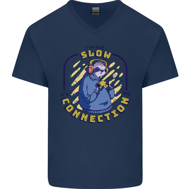 Sloth I'm Not Slow Funny Gaming Gamer Mens V-Neck Cotton T-Shirt Navy Blue