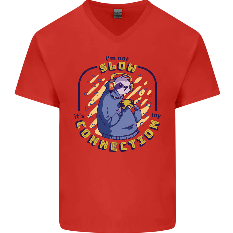 Sloth I'm Not Slow Funny Gaming Gamer Mens V-Neck Cotton T-Shirt Red