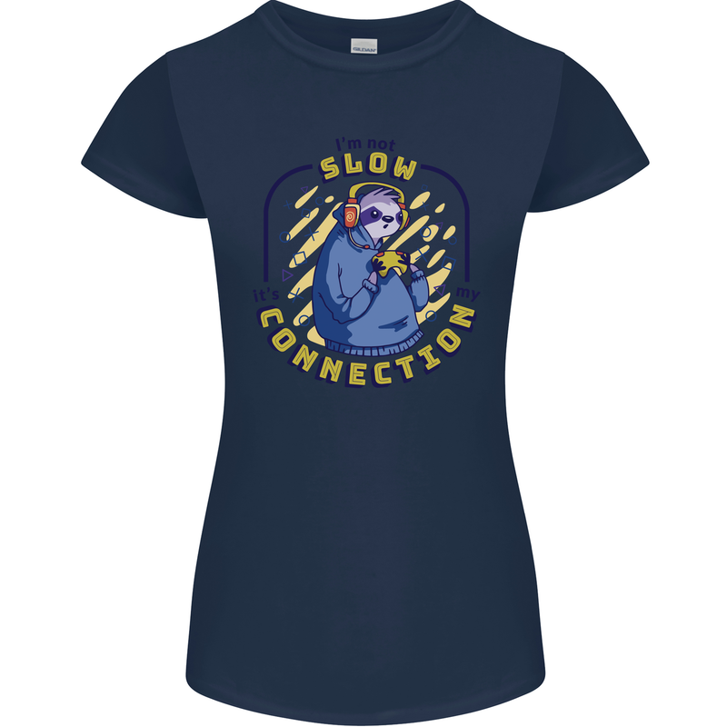 Sloth I'm Not Slow Funny Gaming Gamer Womens Petite Cut T-Shirt Navy Blue