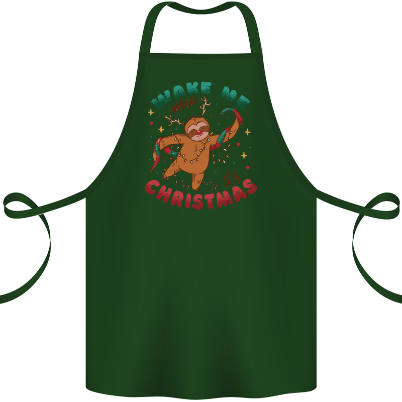Sloth Wake Me Up When It's Christmas Cotton Apron 100% Organic Forest Green