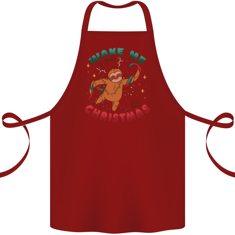 Sloth Wake Me Up When It's Christmas Cotton Apron 100% Organic Maroon