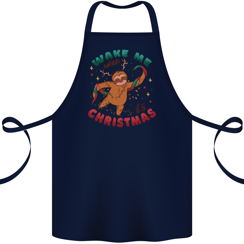 Sloth Wake Me Up When It's Christmas Cotton Apron 100% Organic Navy Blue