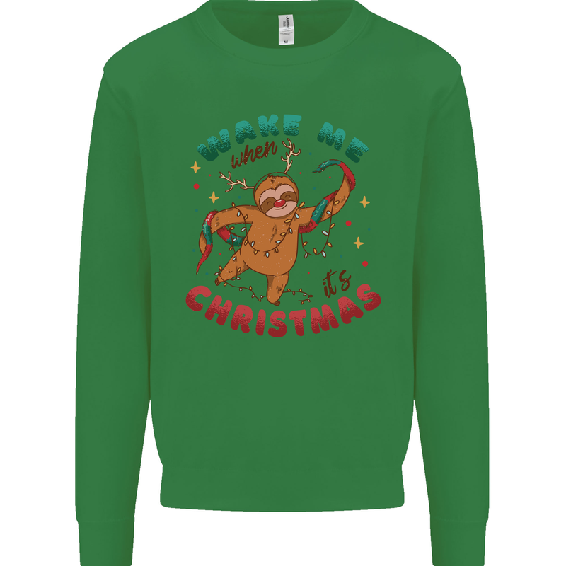 Sloth Wake Me Up When It's Christmas Kids Sweatshirt Jumper Irish Green