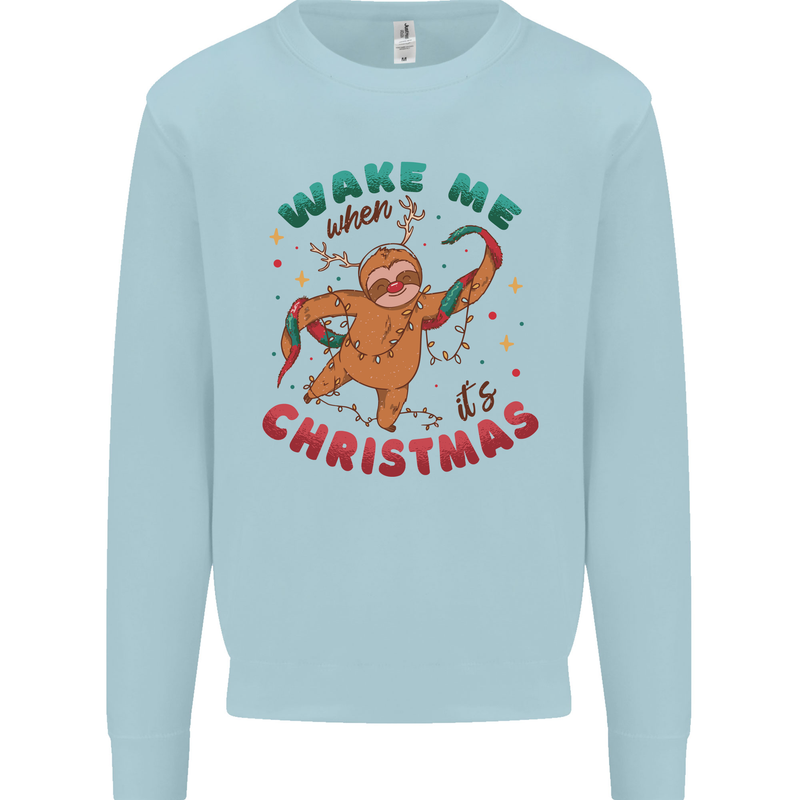 Sloth Wake Me Up When It's Christmas Kids Sweatshirt Jumper Light Blue