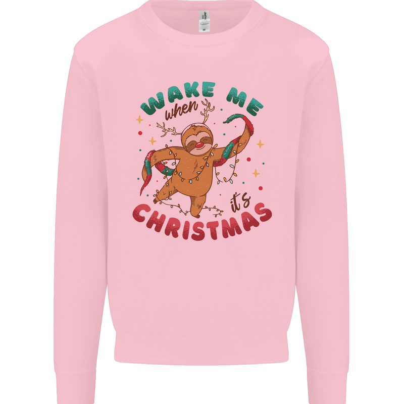 Sloth Wake Me Up When It's Christmas Kids Sweatshirt Jumper Light Pink
