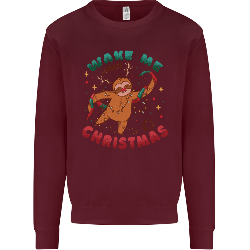 Sloth Wake Me Up When It's Christmas Kids Sweatshirt Jumper Maroon