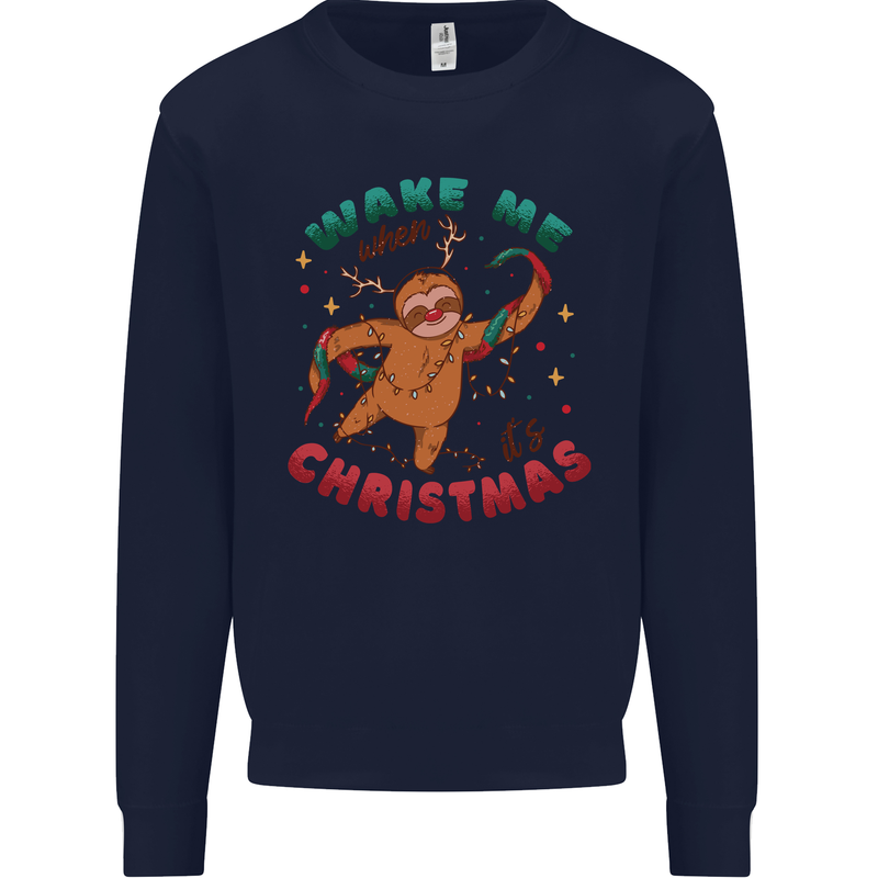 Sloth Wake Me Up When It's Christmas Kids Sweatshirt Jumper Navy Blue