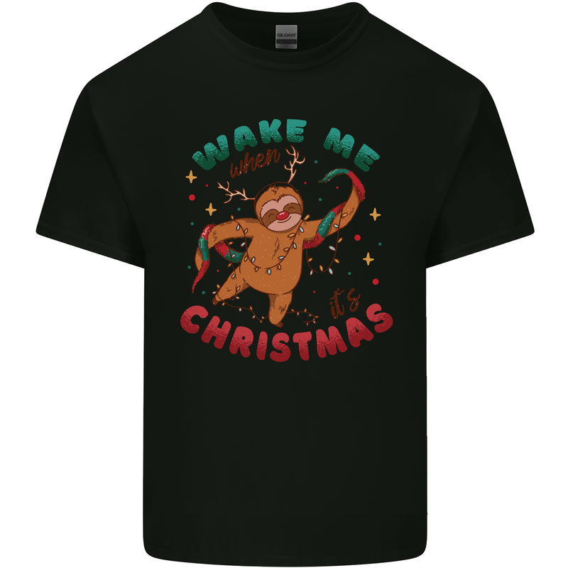 Sloth Wake Me Up When It's Christmas Mens Cotton T-Shirt Tee Top Black