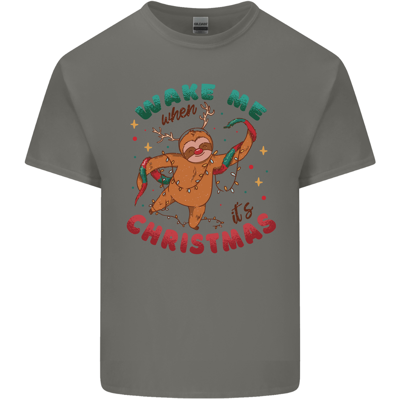 Sloth Wake Me Up When It's Christmas Mens Cotton T-Shirt Tee Top Charcoal