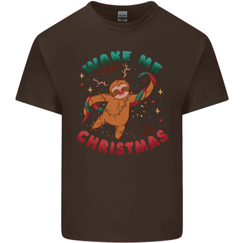 Sloth Wake Me Up When It's Christmas Mens Cotton T-Shirt Tee Top Dark Chocolate