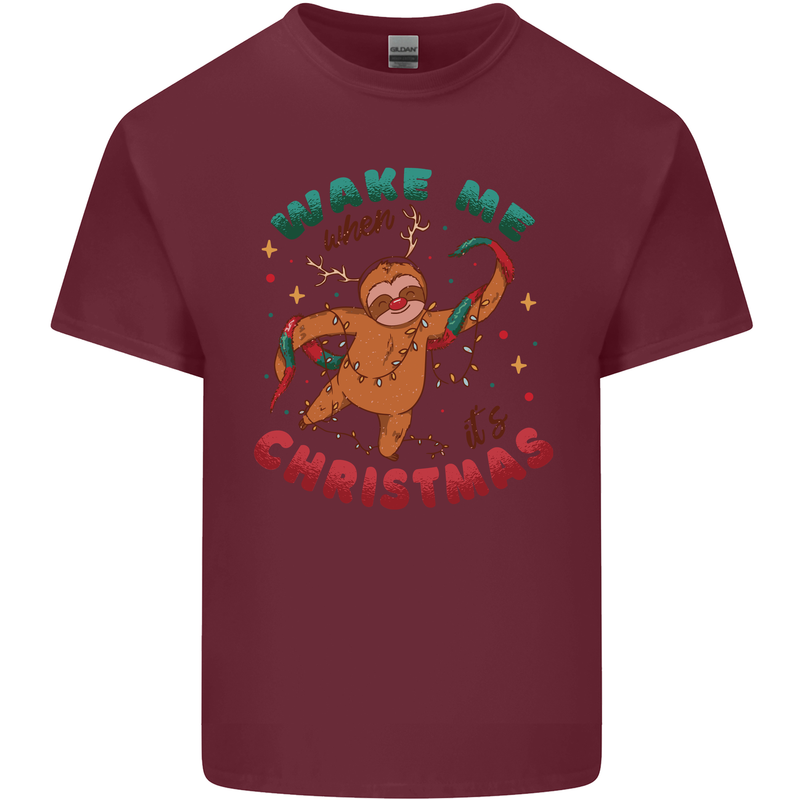 Sloth Wake Me Up When It's Christmas Mens Cotton T-Shirt Tee Top Maroon