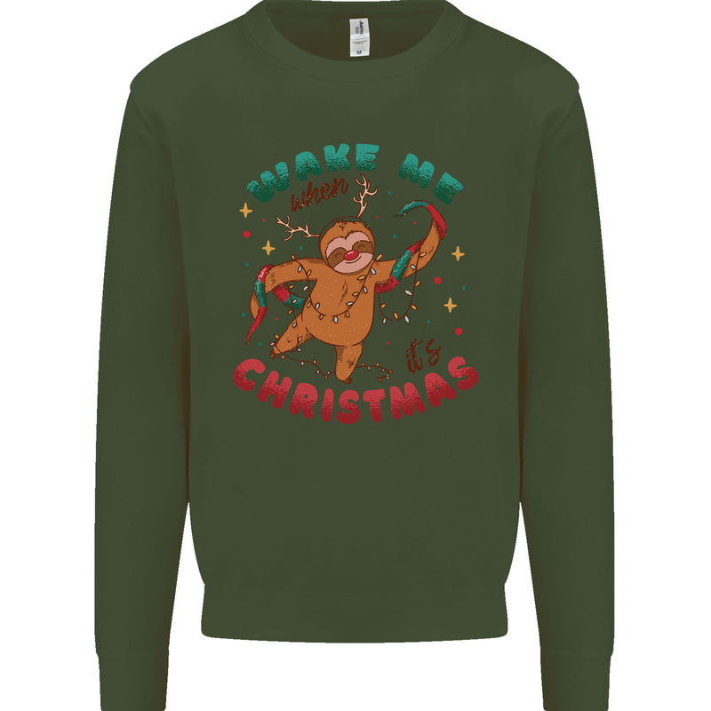 Sloth Wake Me Up When It's Christmas Mens Sweatshirt Jumper Forest Green