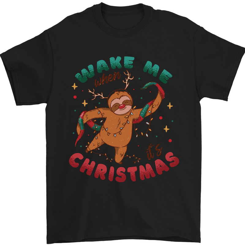 Sloth Wake Me Up When It's Christmas Mens T-Shirt Cotton Gildan Black