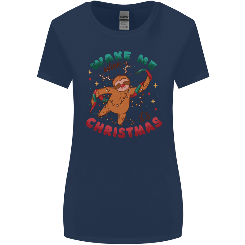 Sloth Wake Me Up When It's Christmas Womens Wider Cut T-Shirt Navy Blue