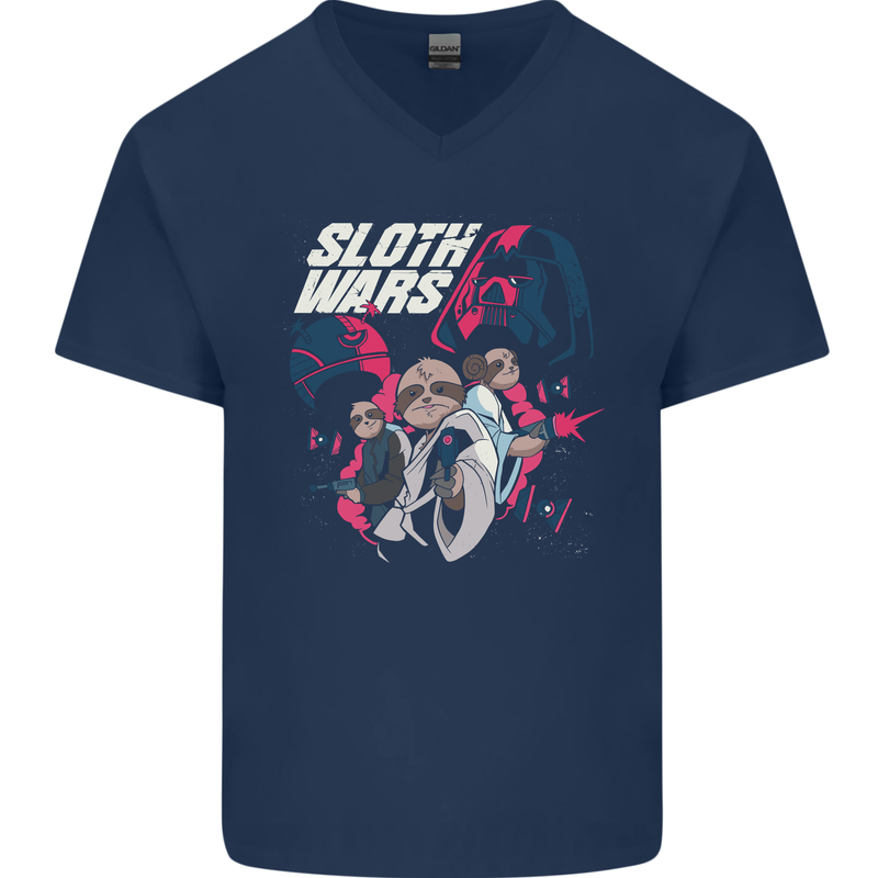 Sloth Wars Funny TV & Movie Parody Mens V-Neck Cotton T-Shirt Navy Blue