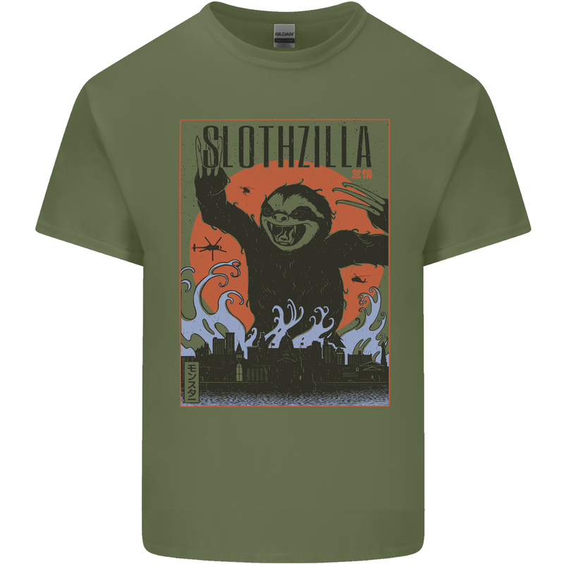 Slothzilla Funny Sloth Parody Mens Cotton T-Shirt Tee Top Military Green