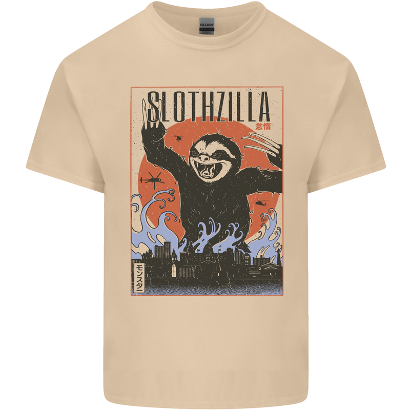Slothzilla Funny Sloth Parody Mens Cotton T-Shirt Tee Top Sand