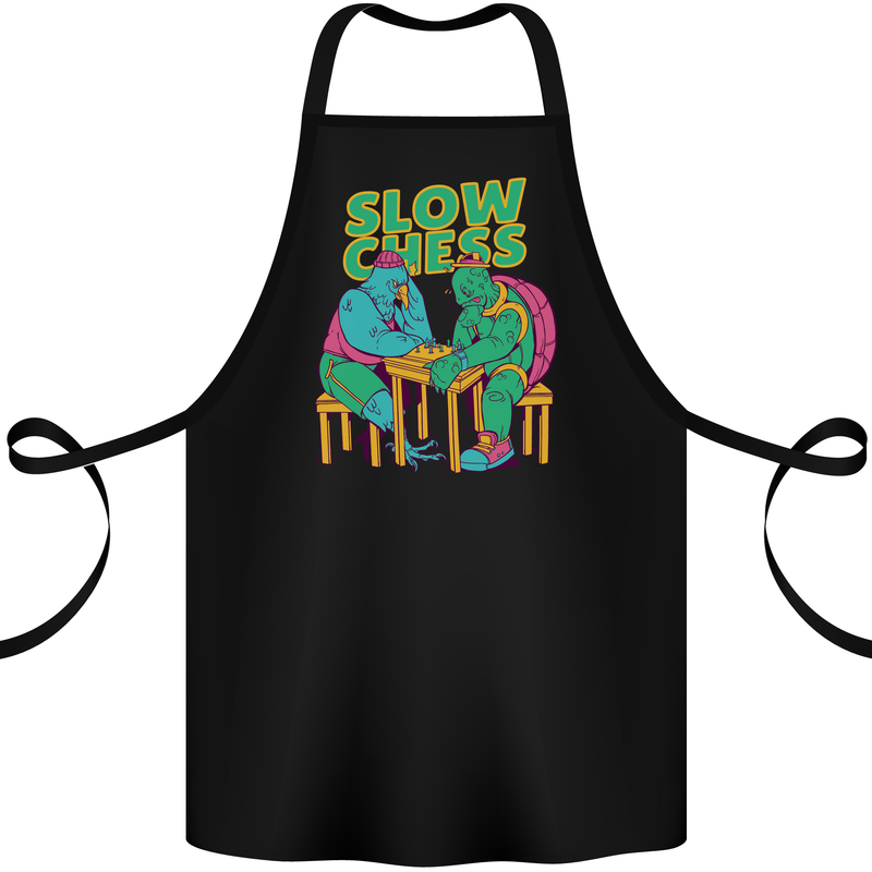 Slow Chess Funny Tortoise & Cock Cotton Apron 100% Organic Black