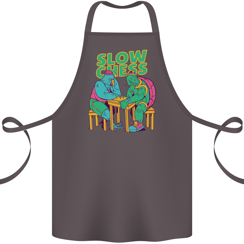 Slow Chess Funny Tortoise & Cock Cotton Apron 100% Organic Dark Grey