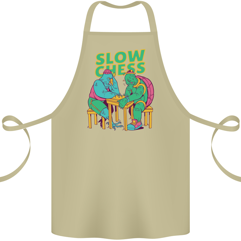 Slow Chess Funny Tortoise & Cock Cotton Apron 100% Organic Khaki
