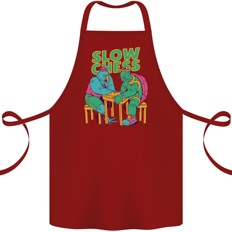 Slow Chess Funny Tortoise & Cock Cotton Apron 100% Organic Maroon