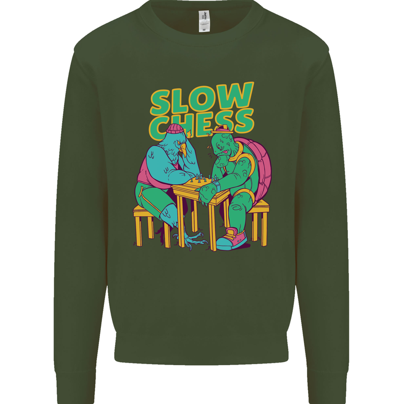 Slow Chess Funny Tortoise & Cock Kids Sweatshirt Jumper Forest Green