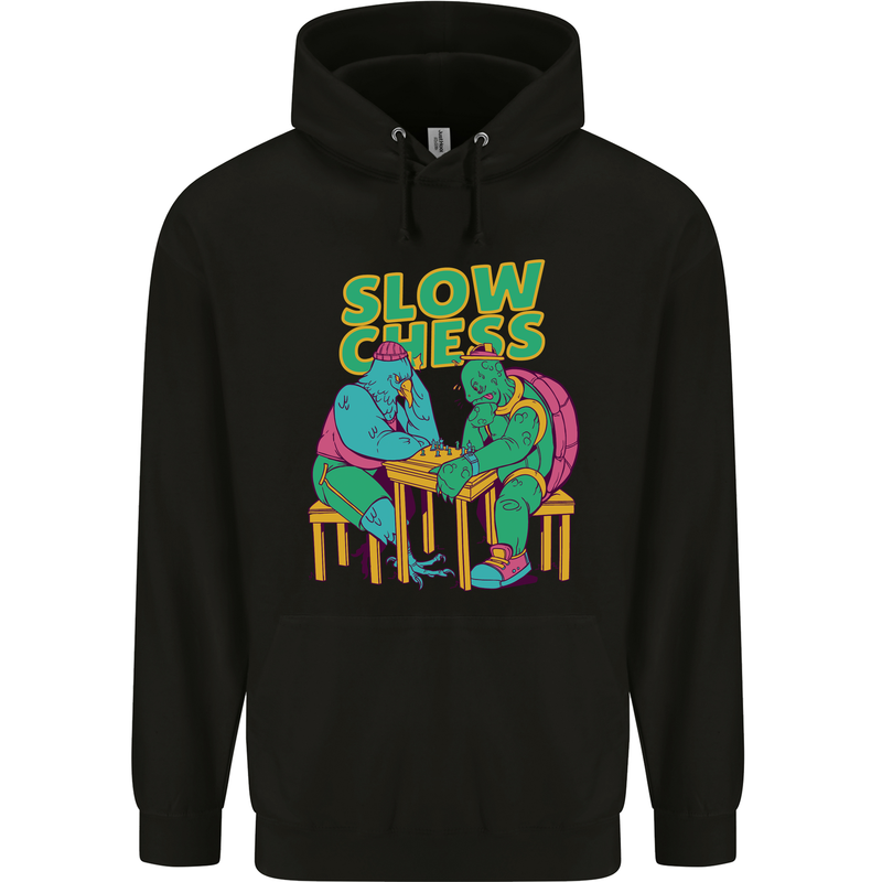 Slow Chess Funny Tortoise & Cock Mens 80% Cotton Hoodie Black