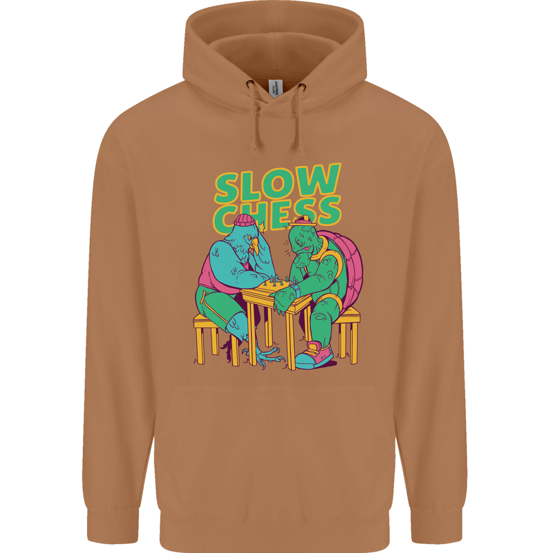 Slow Chess Funny Tortoise & Cock Mens 80% Cotton Hoodie Caramel Latte