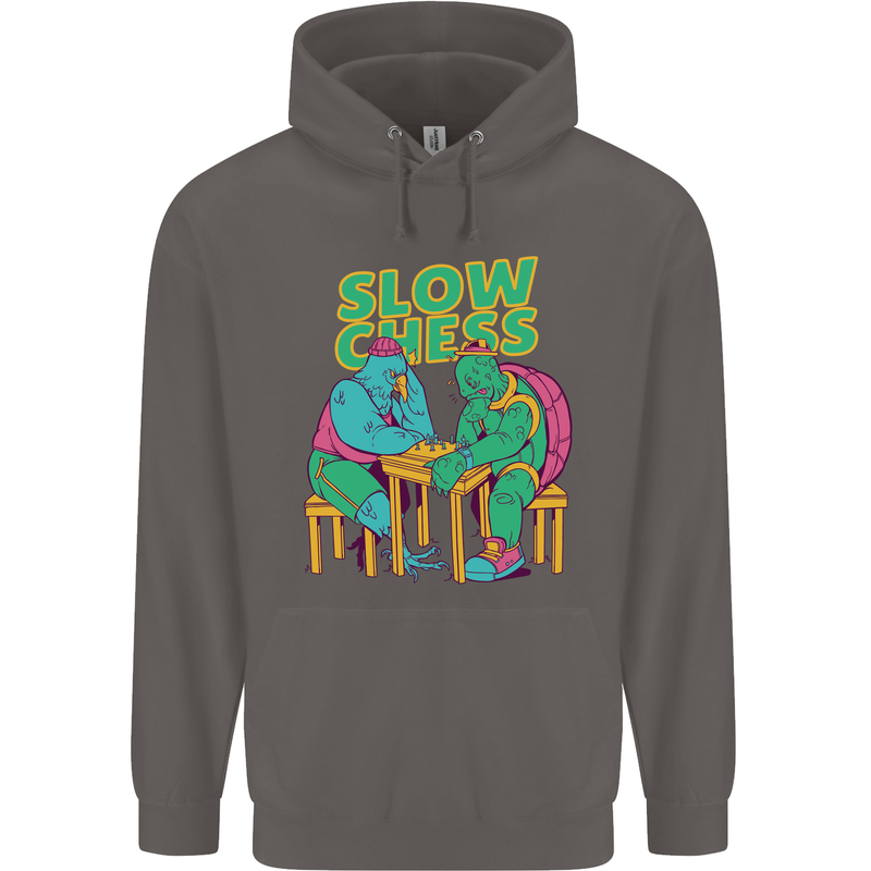 Slow Chess Funny Tortoise & Cock Mens 80% Cotton Hoodie Charcoal