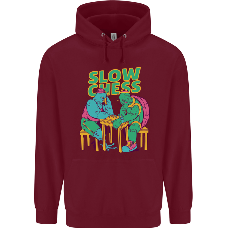 Slow Chess Funny Tortoise & Cock Mens 80% Cotton Hoodie Maroon