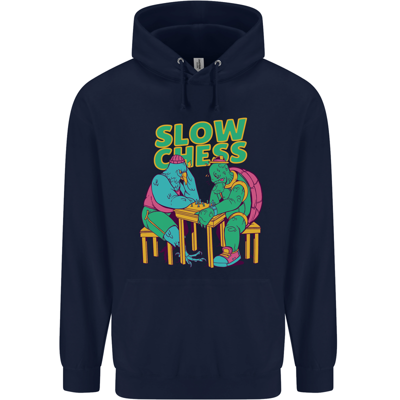 Slow Chess Funny Tortoise & Cock Mens 80% Cotton Hoodie Navy Blue