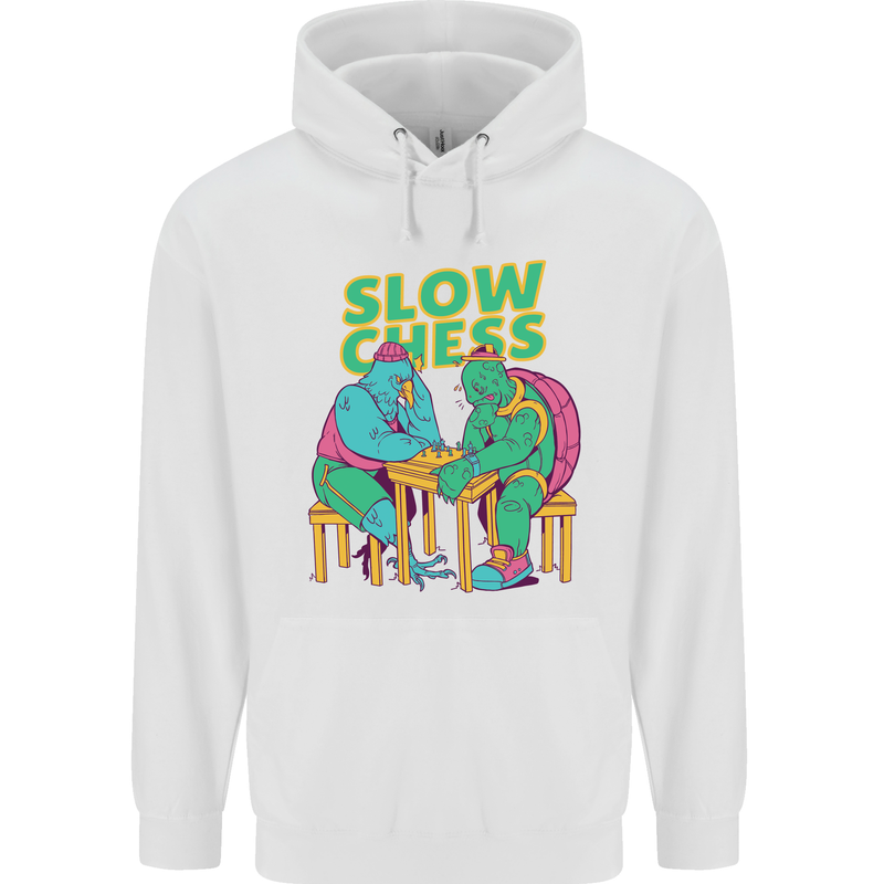 Slow Chess Funny Tortoise & Cock Mens 80% Cotton Hoodie White