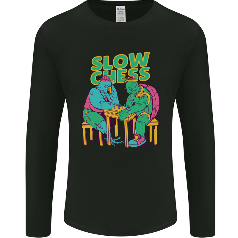 Slow Chess Funny Tortoise & Cock Mens Long Sleeve T-Shirt Black
